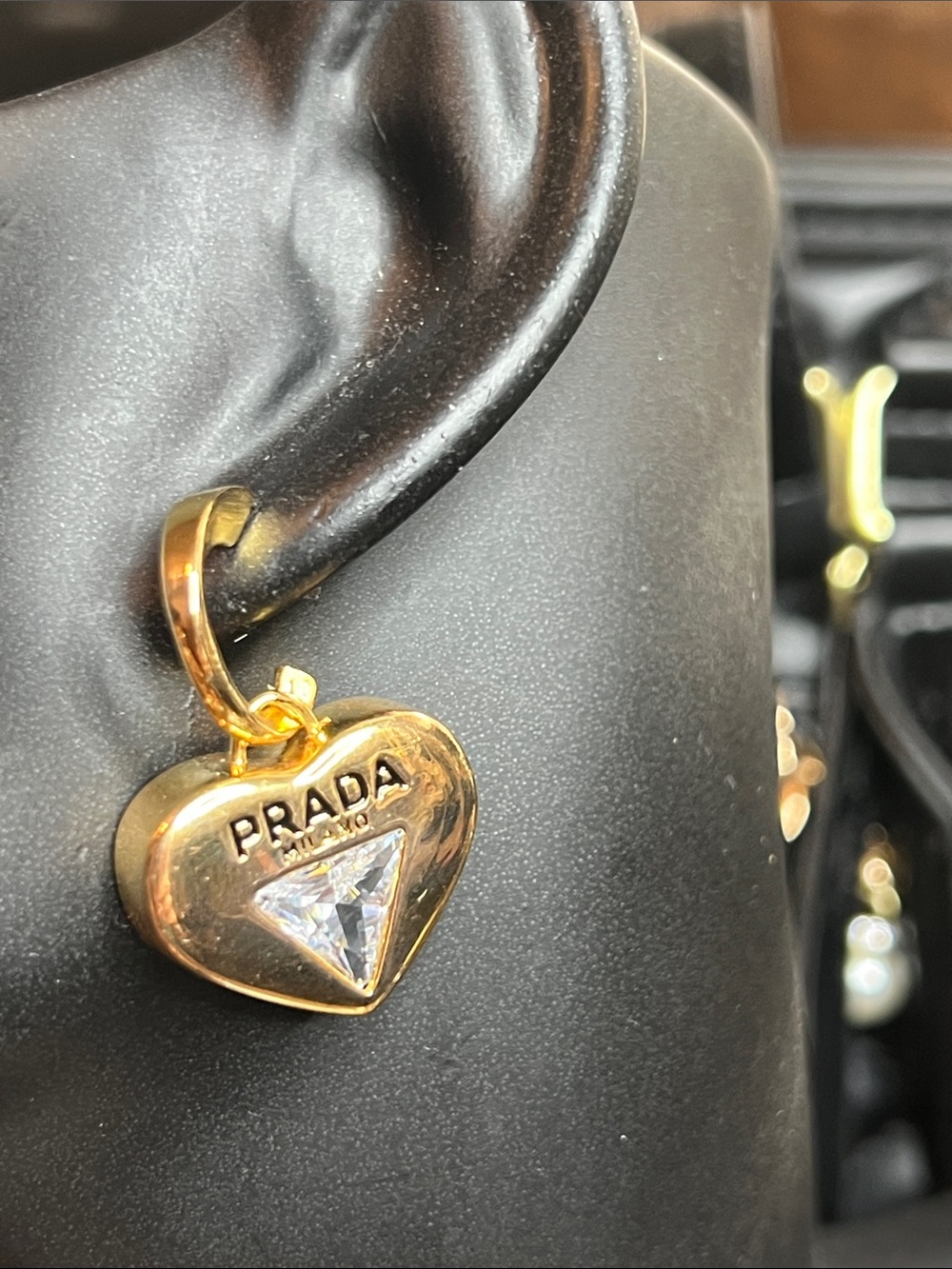 Prada Gold Heart Drop Earrings with Clear Crystal